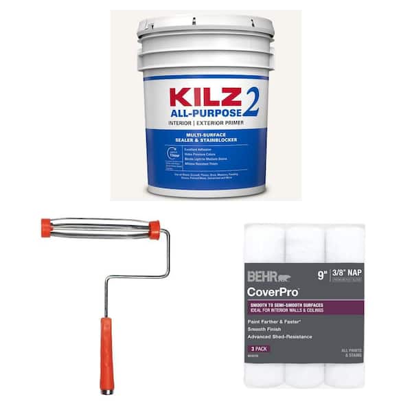 KILZ 2 ALL PURPOSE 5 gal. Primer, 9 in. Roller Frame and 9 in. x 3/8 in. Roller Covers (3-Pack) Combo