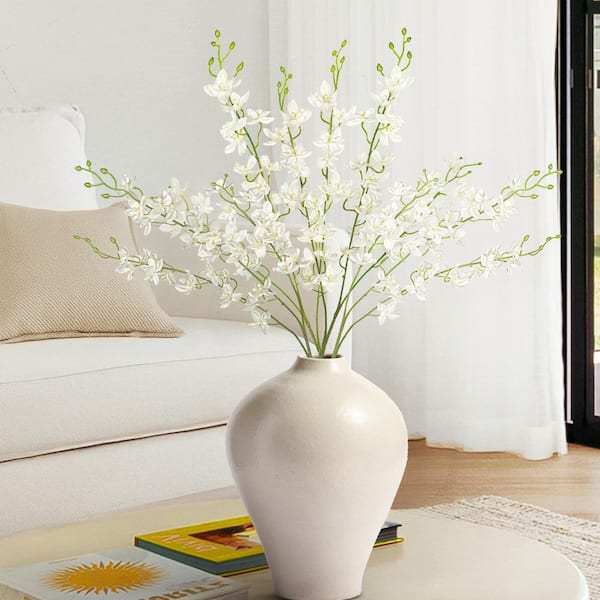 LIVING LUXURY 34 in. Cream White Artificial Dendrobium Orchid Flower Stem Spray (Set of 4)