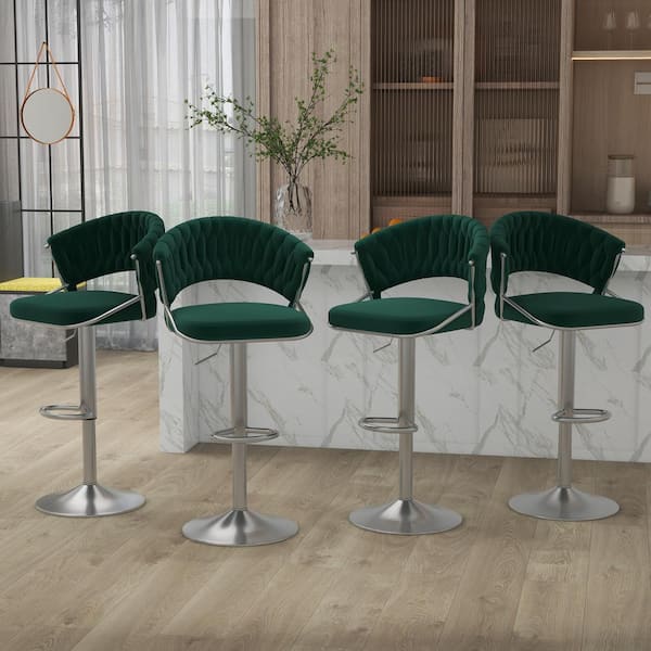 43.15 in. Dark Green Low Back Silver Metal Frame Adjustable Swivel Bar Stool with Velvet Seat (Set of 4)