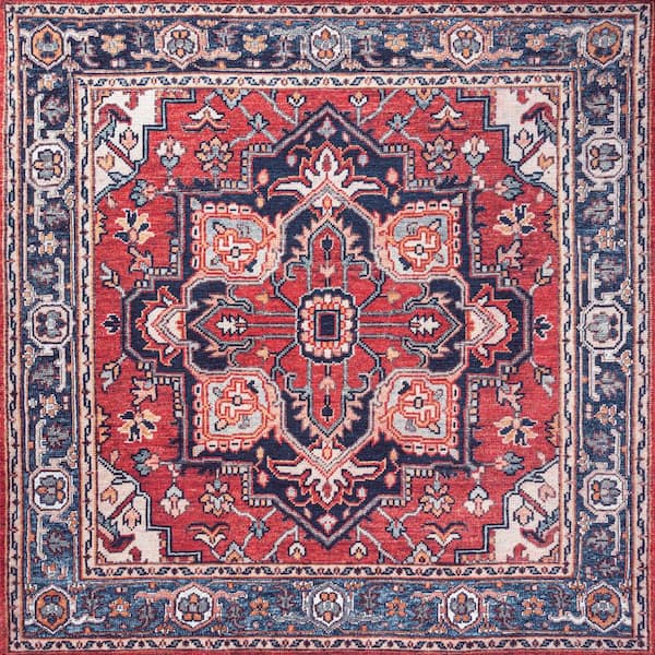 Cirali Ornate Red/Navy 6 ft. Large Medallion Machine-Washable Square Area Rug