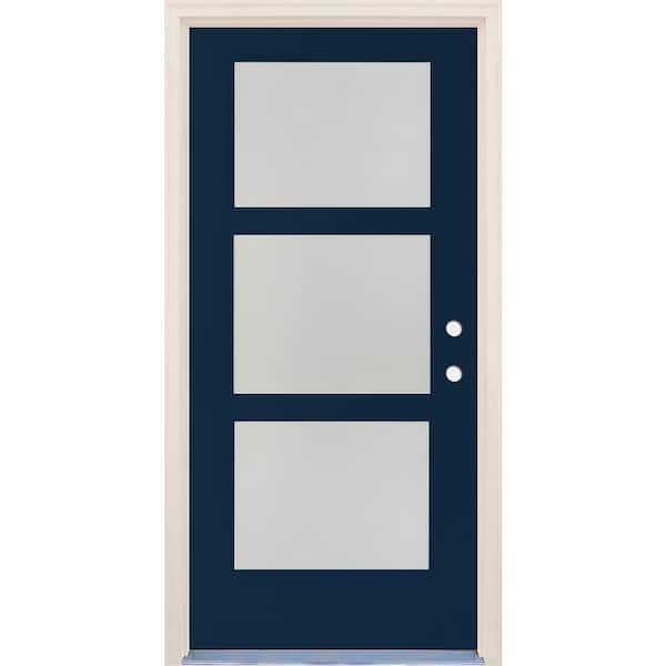 Builders Choice 36 in. x 80 in. Left-Hand/Inswing 3 Lite Satin Etch Glass Indigo Painted Fiberglass Prehung Front Door w/4-9/16" Frame
