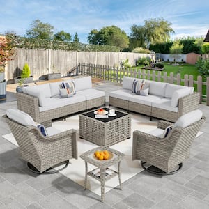 Supery Gray 10-Piece Wicker Patio Conversation Set with Gray Cushions and Swivel Rocking Chairs