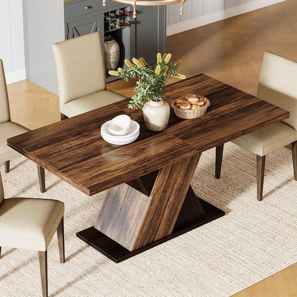 Sealey Farmhouse Brown Wood 55 in. Pedestal Dining Table, Rectangle Kitchen Table Seats-4