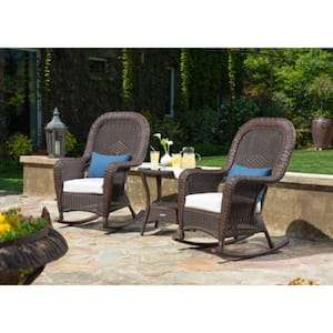 Sea Pines 3-Piece Java Wicker Outdoor Rocking Chair Set with Patio Side Table and Sunbrella Canvas Canvas Cushions