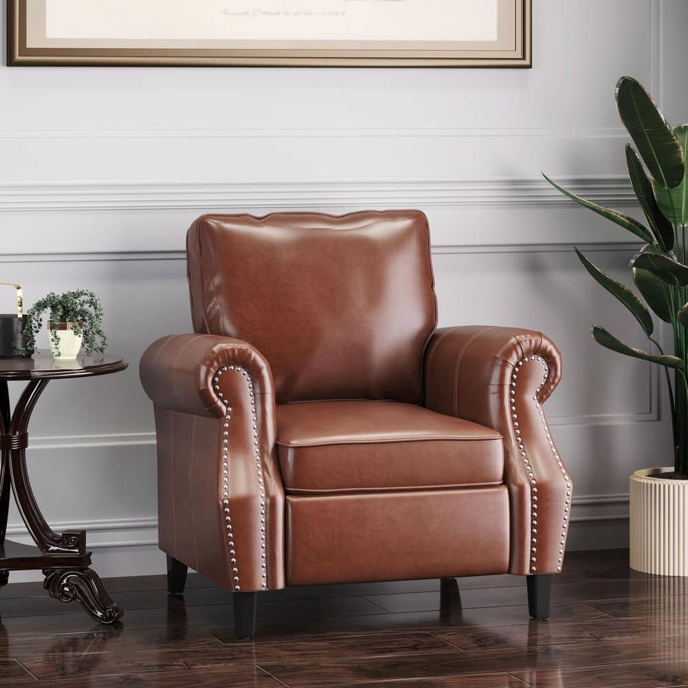 Cognac Brown Faux Leather Club Chair with Nailhead Trim