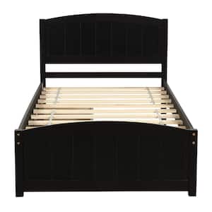 Espresso Solid Wood Twin Size Platform Bed with Two Drawers, Wooden Platform Bed Frame for Kids, No Spring Box Needed