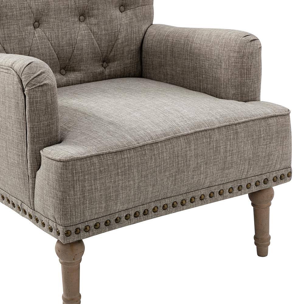 Gray Tufted Polyester Accent Chair with Nailhead Trim and Wooden Legs