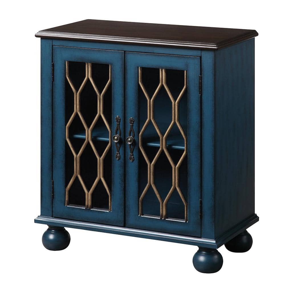 Antique Blue Wooden Console Table with Glass Accents and Storage