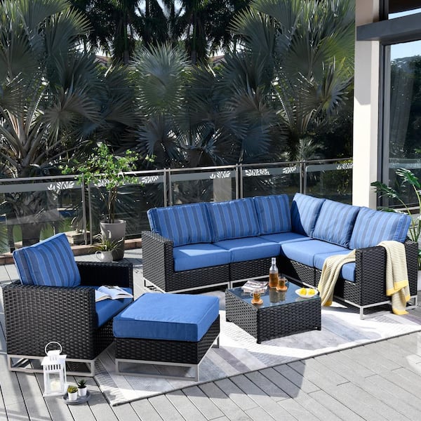 HOOOWOOO Mille Lacs Black 8-Piece NO ASSEMBLY Wicker Outdoor Patio Conversation Sectional Sofa Set with Striped Blue Cushions