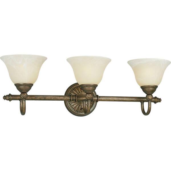 Progress Lighting Savannah Collection 3-Light Burnished Chestnut Vanity Light with Antique Alabaster Glass Shades