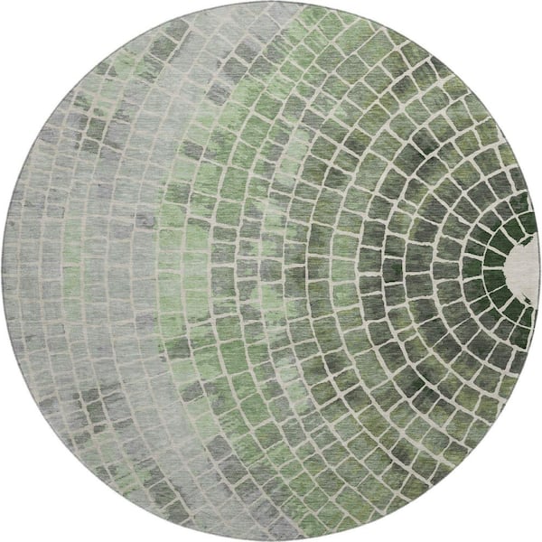 Mayfield Premium Machine Washable Abstract AMF2524 Aloe 8 ft. x 8 ft. Round Rug