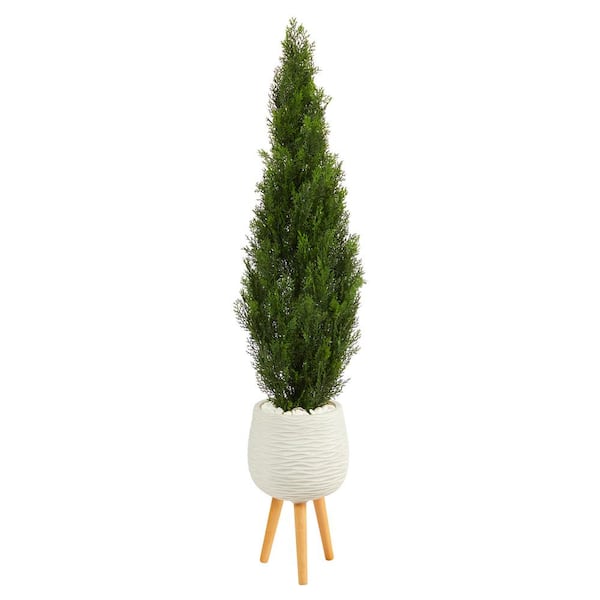 Nearly Natural 5 ft. Cedar Artificial Tree in White Planter with Stand (Indoor/Outdoor)