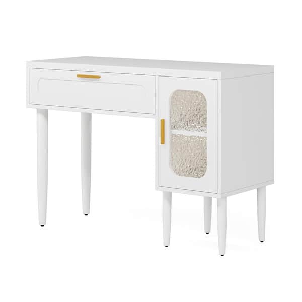 BYBLIGHT Moroni 43.3 in. Rectangular White Engineered Wood 1-Drawer Computer Desk with Storage Cabinet