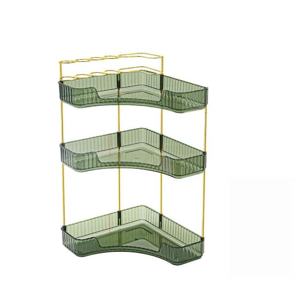 3-Tier Corner Countertop Vanity Organizer with Brush Holder in Green for Bathroom Dresser and Vanity Cosmetic Storage
