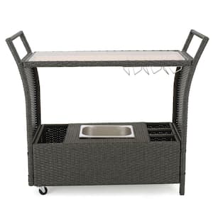 2-Tier Outdoor Wicker Serving Bar Cart W/Temperd Glass Tabletop, Wine Rack, Glass Holder, Removable Ice Bucket Bin, Gray