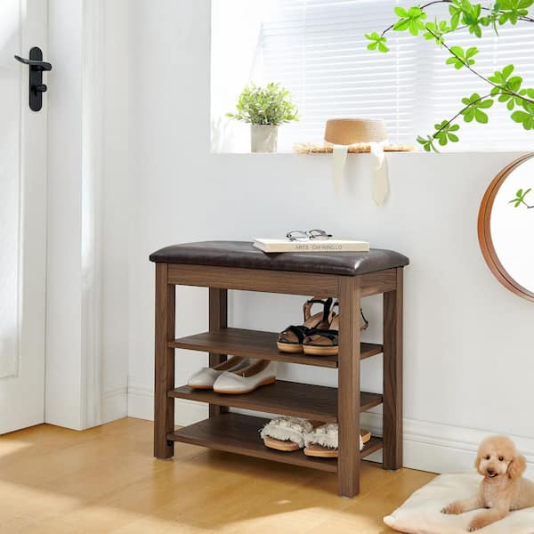 24 in. Brown Adjustable Height Shoe Bench with Storage-Rubberwood Frame, PU Leather Seat, Bedroom Bench