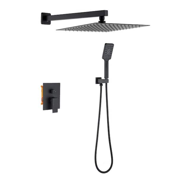 Tahanbath 2-Spray Patterns with 2.5 GPM 10 in. Bathroom Wall Mount Dual Shower Heads with Hand Shower in Matte Black