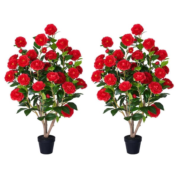DR.Planzen 3 ft. Artificial Red Camellia Flowers with Red Faux