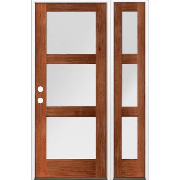 Krosswood Doors 50 in. x 80 in. Modern Hemlock 3-Lite Right-Hand/Inswing Frosted Glass Red Chestnut Stain Wood Prehung Front Door