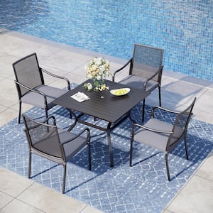 Black 5-Piece Metal Patio Outdoor Dining Sets with Slat Square Table and Gourd-Shaped Metal Chairs with Gray Cushions