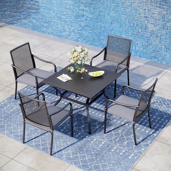 PHI VILLA Black 5-Piece Metal Patio Outdoor Dining Sets with Slat Square Table and Gourd-Shaped Metal Chairs with Gray Cushions