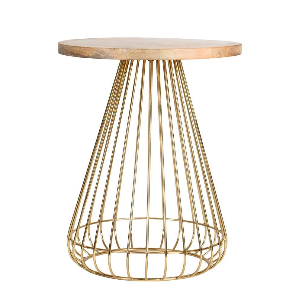Opulent Round 20" Gold and Natural Wood Side Table