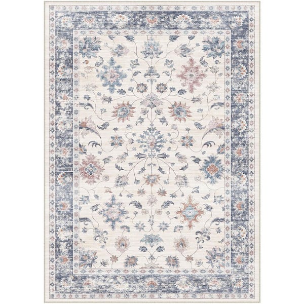 Mystery Garden Blue 5 ft. x 7 ft. Distressed Vintage Floral Washable Area Rug