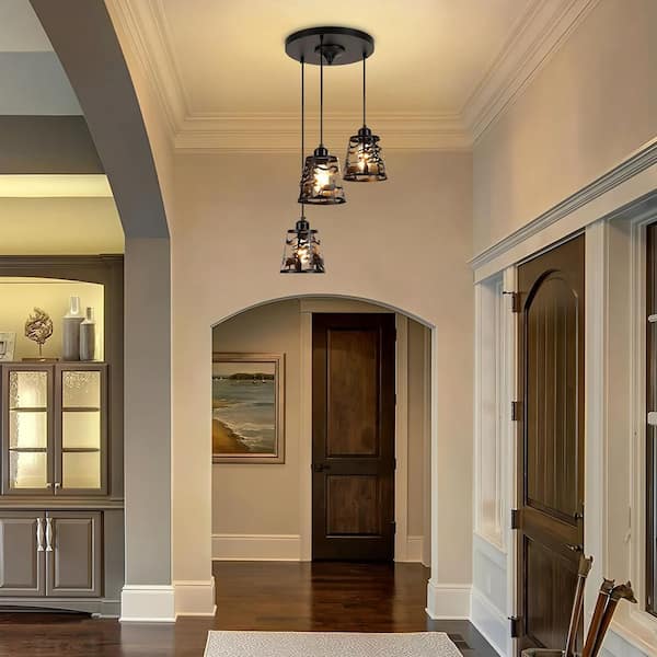 3-Light Black Modern Cluster Chandelier with Artistic Rustic Metal Cutout Shades for Entryway, Foyer and Staircase