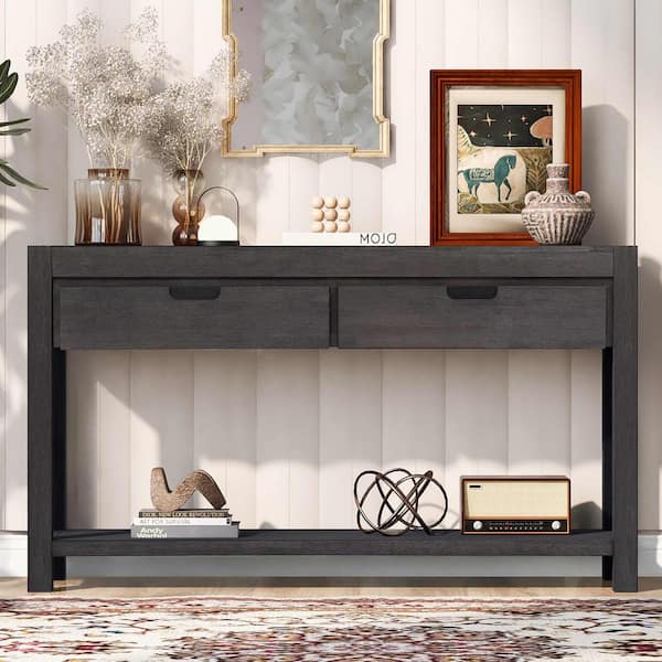 Polibi 55.1 in. Antique brown Rectangle Wood Console Table with 2-Drawers and 1-Shelf