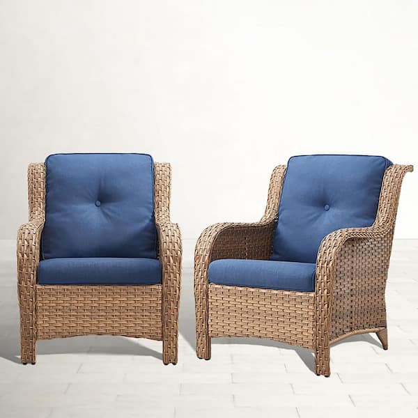 Opohoro ArcoBay Metal and Yellow Wicker Outdoor Lounge Chair with Olefin Navy Blue Cushions (2-Pack)