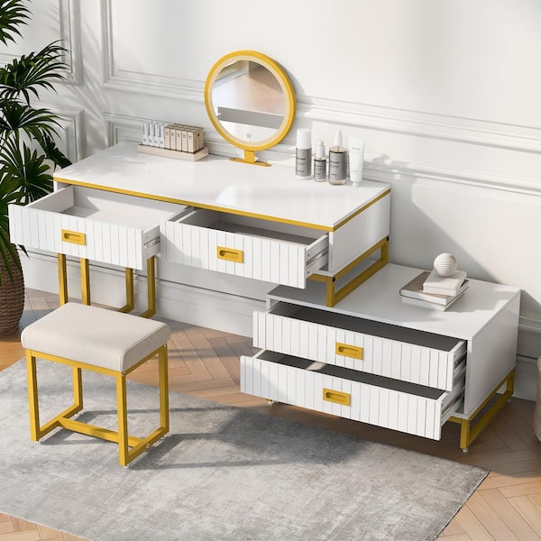 Harper & Bright Designs White Makeup Vanity Set with Mirror, Movable Side Cabinet, Stool, 4-Drawers, Golden Metal Handles and Legs