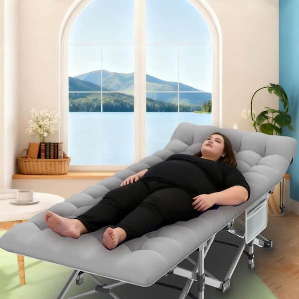 SEEUTEK Oversized Folding Camping Cot Metal 1-Piece Metal Heavy-Duty Outdoor Chaise Lounge with Gray Cushions