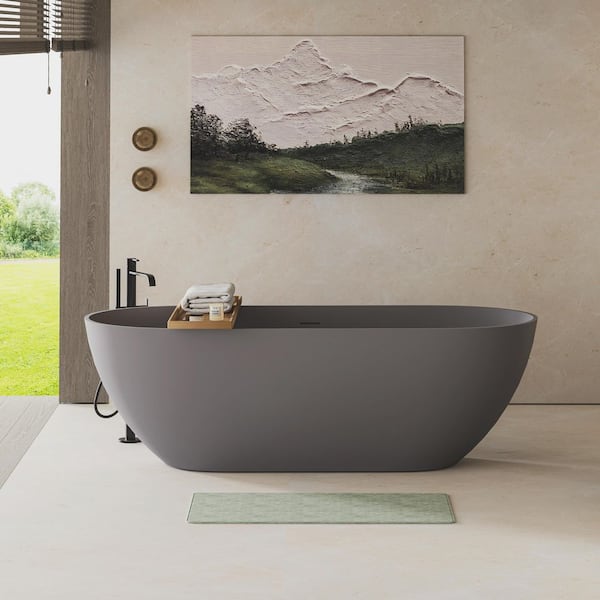 63 in. x 29.5 in. Stone Resin Solid Surface Freestanding Soaking Bathtub with Overflow and Pop-up Drain in Matte Gray