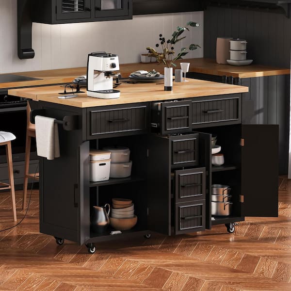 Black Wood 56.5 in. Rolling Kitchen Island with Drop Leaf, Power Outlet and 5-Wheels