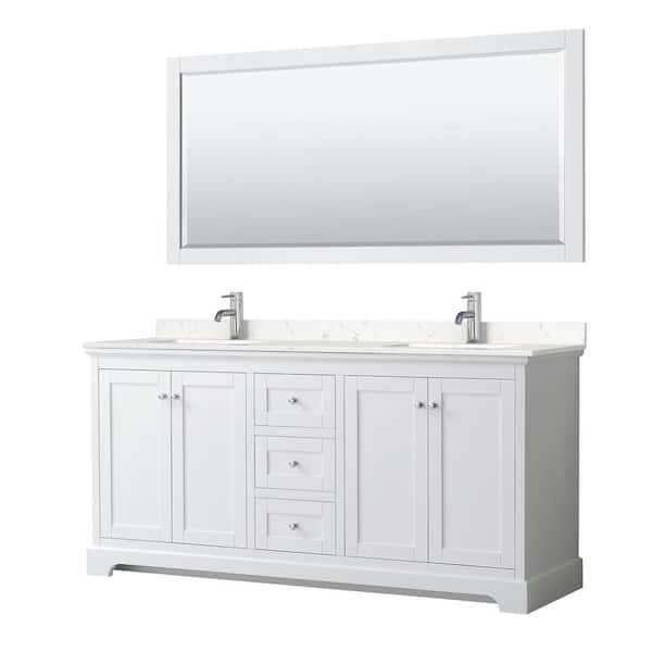 Wyndham Collection Avery 72 in. W x 22 in. D Double Vanity in White with Cultured Marble Vanity Top in Light-Vein Carrara w/ Basins& Mirror