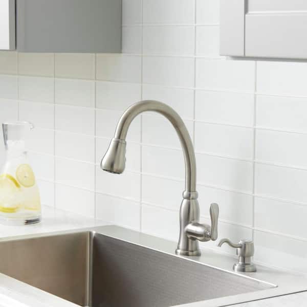 Pavilion Single-Handle Pull-Down Sprayer Kitchen Faucet with Soap Dispenser in Stainless Steel