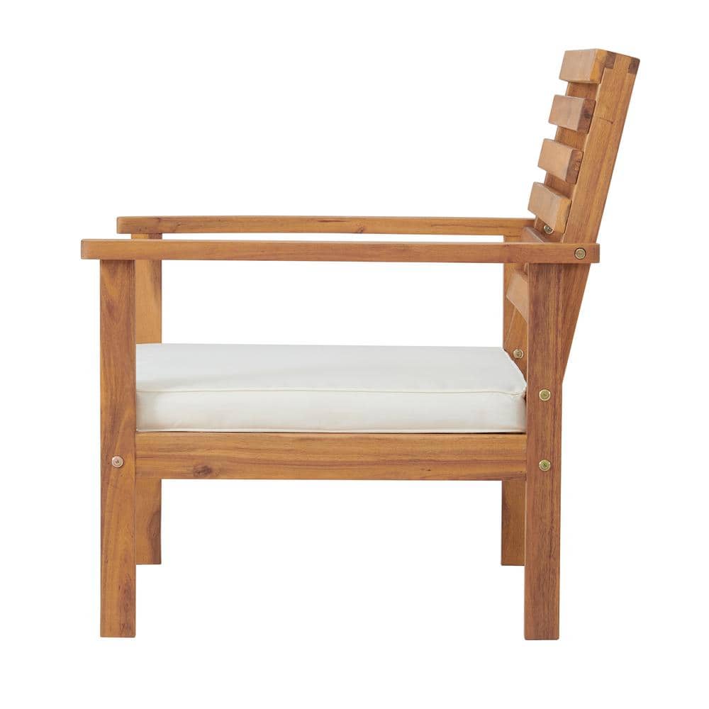 Natural Acacia Wood Outdoor Chairs with White Cushions, Set of 2