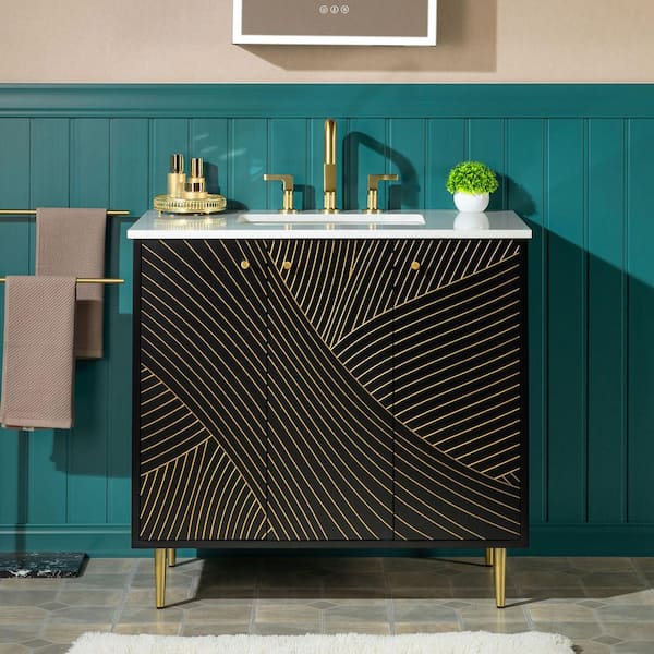 36 in. W x 22 in. D Single Sink Freestanding Bath Vanity in Black and Gold Accent with White Engineered stone Vanity Top