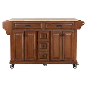 Brown Wood 60.50 in. Kitchen Island with Storage, Drawers, Wheels and Doors