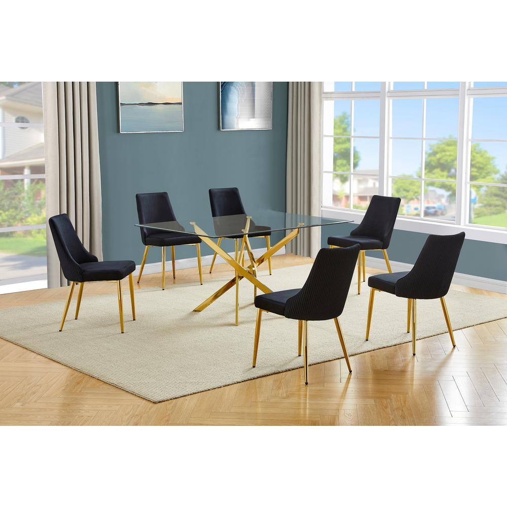 Olly 7-Piece Clear Glass Top Cross Leg Base Dining Set with 6 Black Gold Chrome Chairs price history on PriceWatchPro