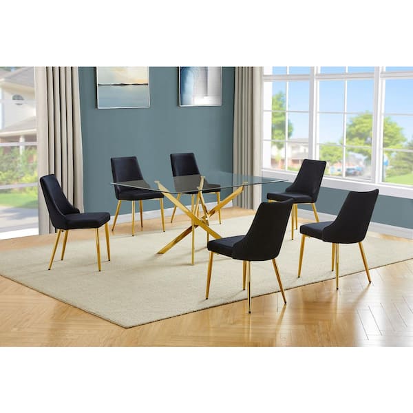Best Quality Furniture Olly 7-Piece Clear Glass Top Cross Leg Base Dining Set with 6 Black Gold Chrome Chairs