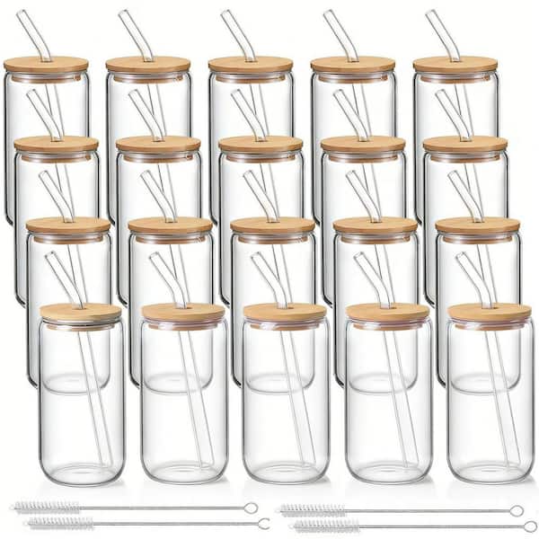 20-Pack 16 oz. Glass Cups with Bamboo Lids and Straws, Drinking Glasses Set, Iced Coffee, Tea Cup