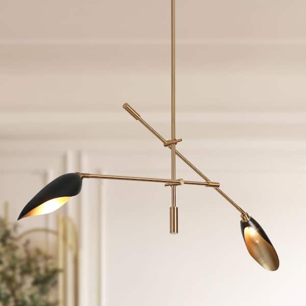 Toltehcwe Modern 2-light Sputnik Chandelier with Brass and Black Shade, Industrial Linear Lamp for Kitchen Island