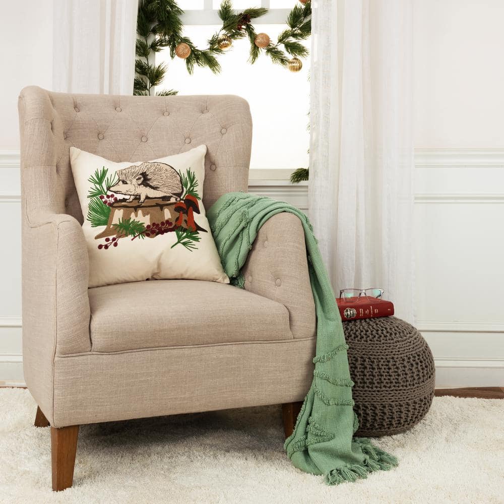 Ivory and Multicolor Embroidered Cotton Square Throw Pillow