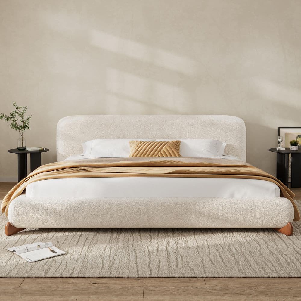 White Wood Frame King Size Boucle Fabric Platform Bed with Solid Rubber Wood Legs