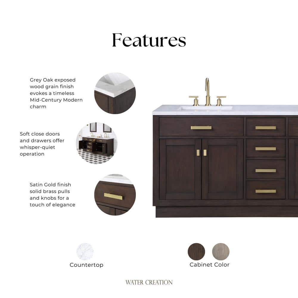 Chestnut 72" Brown Oak Double Sink Vanity with Carrara White Marble Countertop