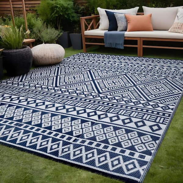 Lightweight White Navy 8 ft. x 10 ft. Moroccan Washable Trellis Reversible Indoor Outdoor Area Rug