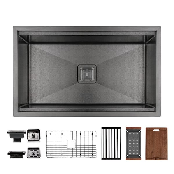 32 in. Undermount Single Bowl 16-Gauge Black Leather Textured Stainless Steel Workstation Kitchen Sink Accessories