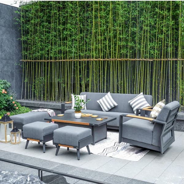 moda furnishings Black 6-Piece Aluminum Patio Conversation Set with Gray Cushions