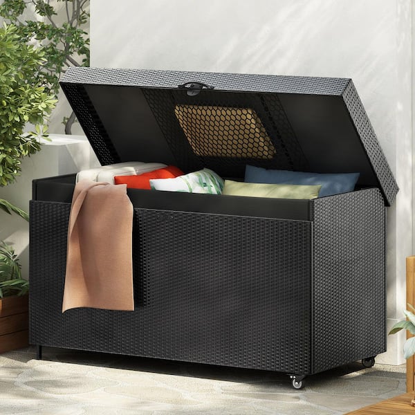 Unbranded 200 gal. Black Wicker Deck Box with Lockable Wheels, Outdoor Storage Box with Handle